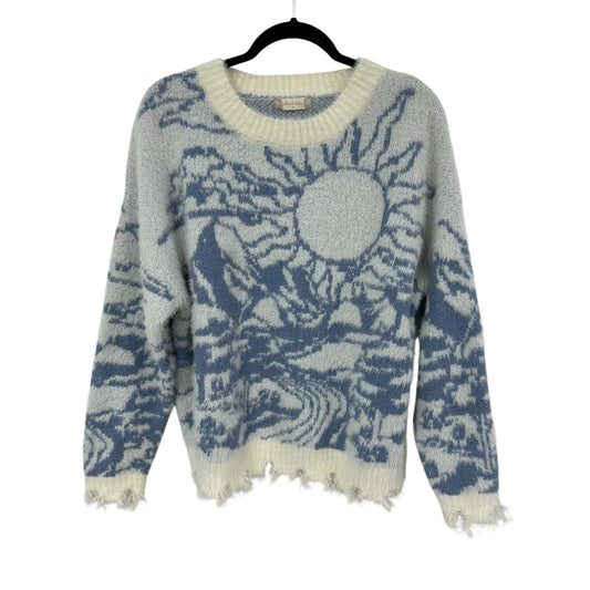 Altar’d State Cream Blue Sun Mountain Scene Raw Hem Sweater Womens Medium