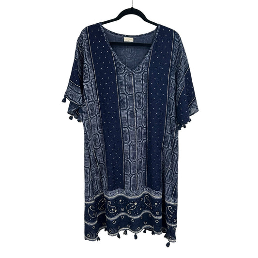 LulaSoul Navy White Printed Short Sleeve Tassel Knee Length Dress Womens Large