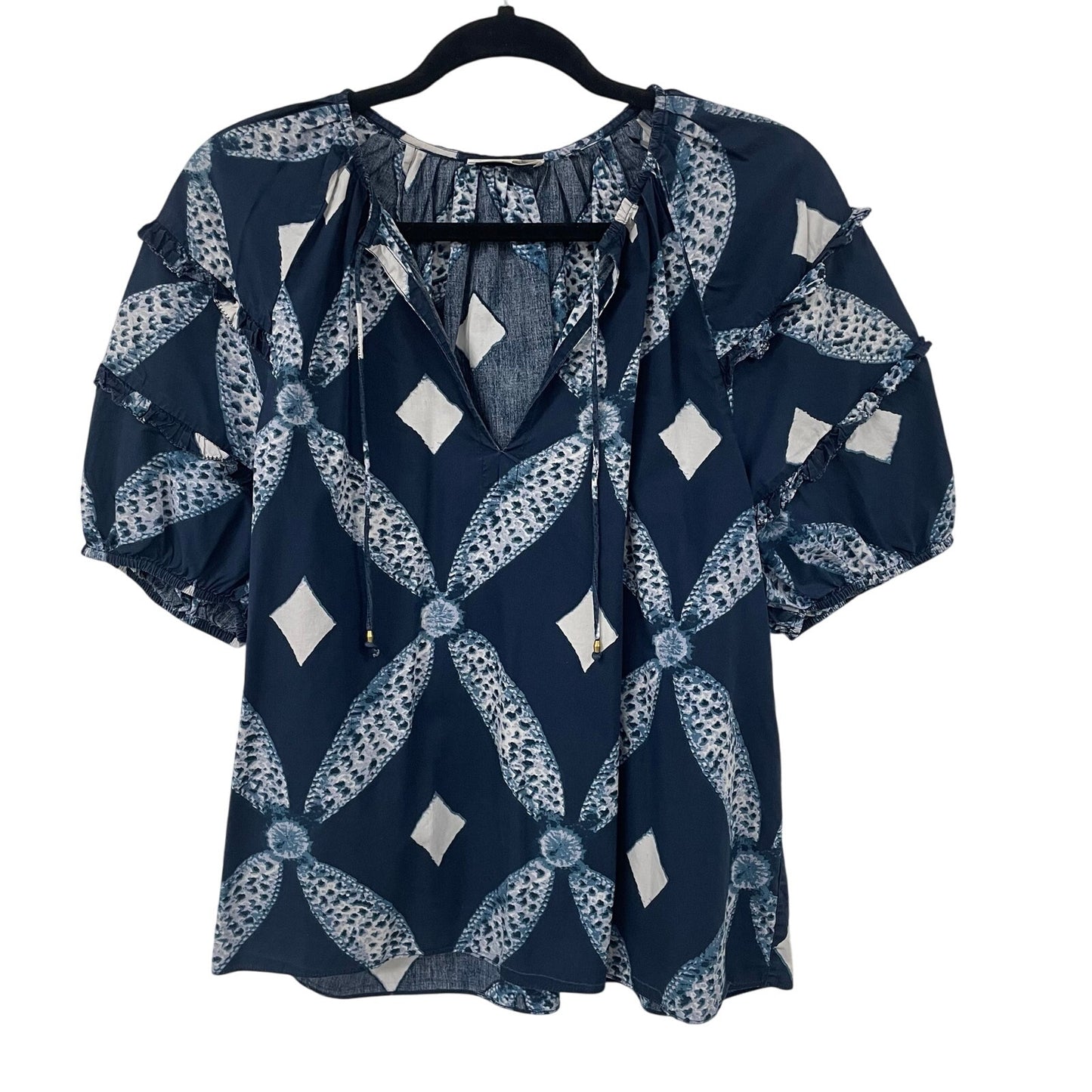 Ulla Johnson Arusi Blouse Indigo Blue Short Sleeve Tie Neck Womens 8
