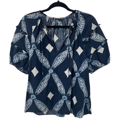 Ulla Johnson Arusi Blouse Indigo Blue Short Sleeve Tie Neck Womens 8