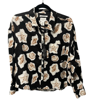 NWT Nicole Miller 100% Linen Long Sleeve Button Up Seashell Print Black Medium