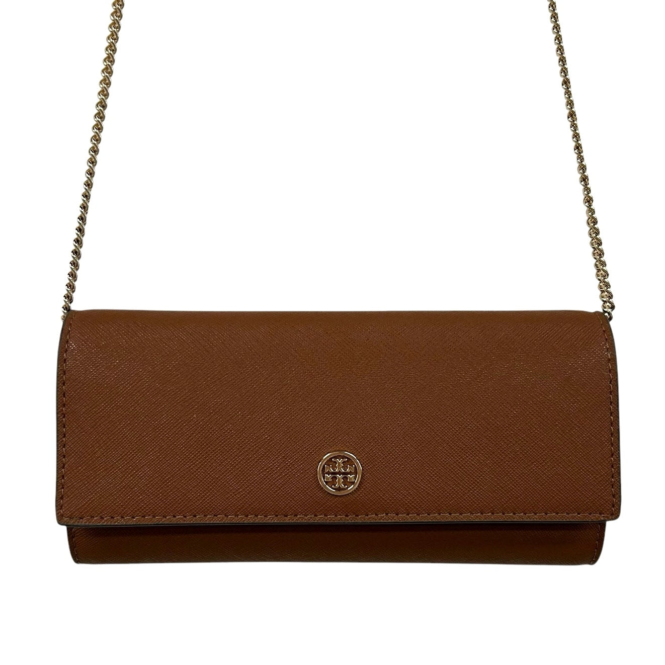 Tory Burch Brown Leather Gold Chain Fold Over Card Slot Crossbody / Clutch