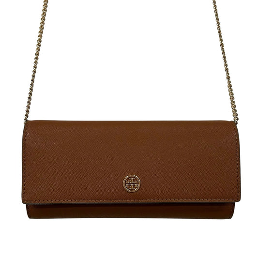 Tory Burch Brown Leather Gold Chain Fold Over Card Slot Crossbody / Clutch