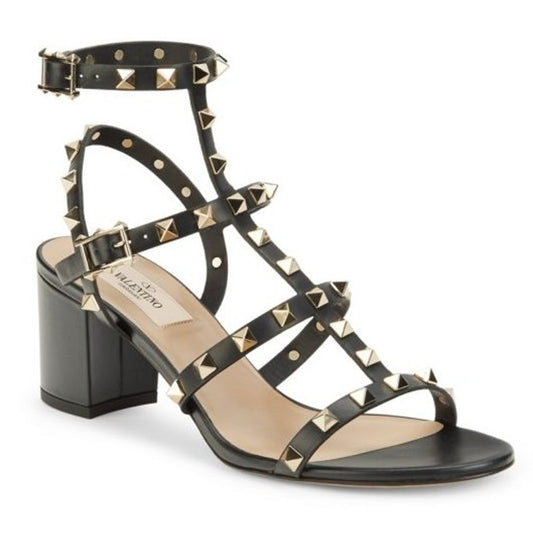 Valentino Garavani Rockstud Block Heel Gladiator Sandals Black Gold 39 / US 9
