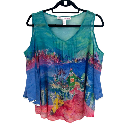 Leoma Lovegrove Multi Watercolor Beach Scene Cold Shoulder Top Womens Small