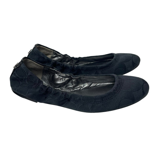Coach Aly Ballet Flat in Scrunched Signature Black Canvas Logo Print Womens 6.5