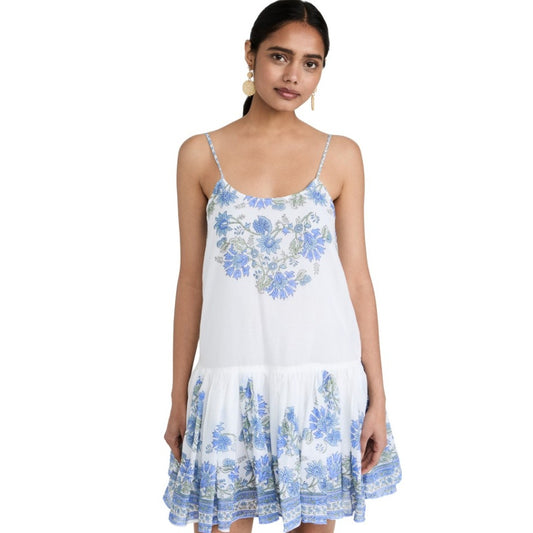 NWT Juliet Dunn White Blue Floral Sleeveless Scoop Neck Drop Waist Dress Women 2