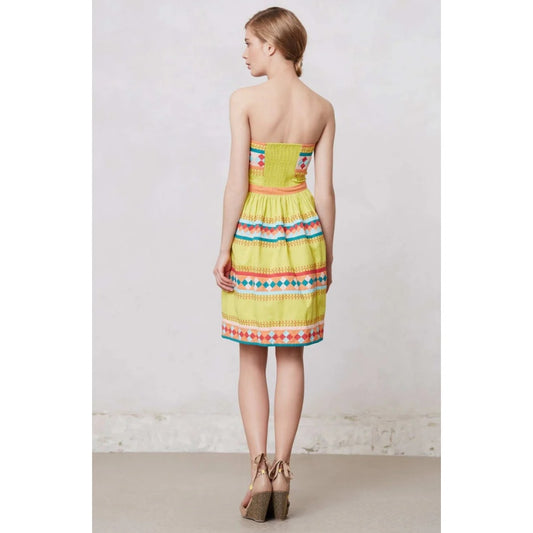 Leifsdottir Anthropologie Quilotoa Yellow Multicolor Strapless Dress Womens 10