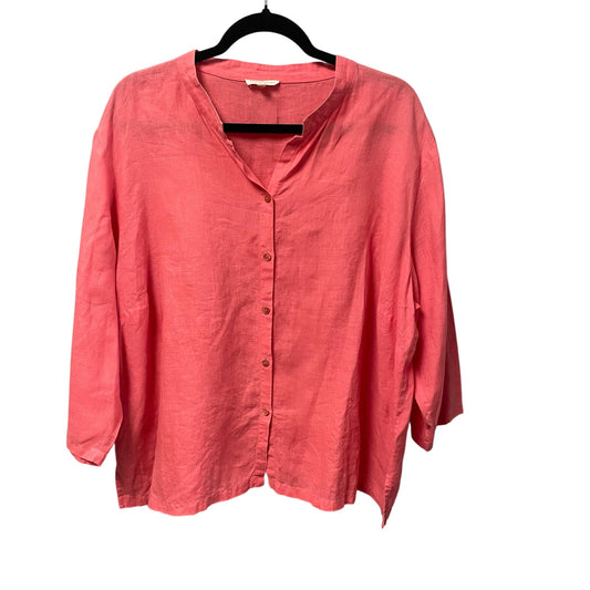 Eileen Fisher 100% Irish Linen Button Front Long Sleeve Top Coral Womens 2X