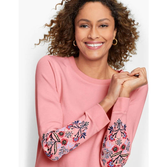 Talbots Pink Multicolor Floral Embroidered Crewneck Sweatshirt Womens Medium