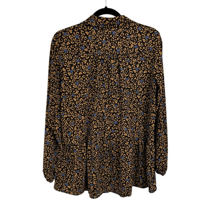 Logo Lori Goldstein Brown Blue Floral Animal Print Tiered Button Up Top XS