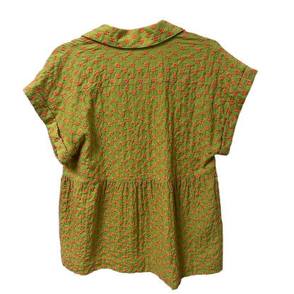 Ivy Jane Ginger Floral Embroidered Short Sleeve Button Up Green Coral Womens XS