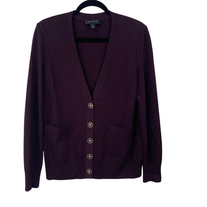 St. John Burgundy Purple Santana Knit Flower Button Up Cardigan Sweater Medium
