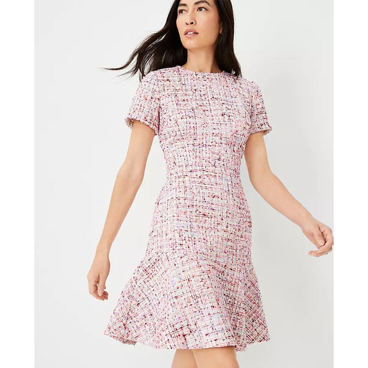 NWT Ann Taylor Pink Multicolor Tweed Short Sleeve Flounce Mini Dress Petite 2