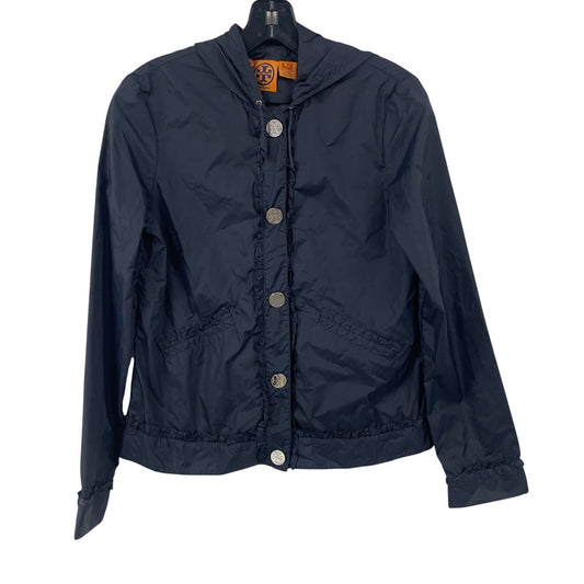 Tory Burch 100% Nylon Snap Button Up Hooded Rain Jacket Navy Blue Womens 6