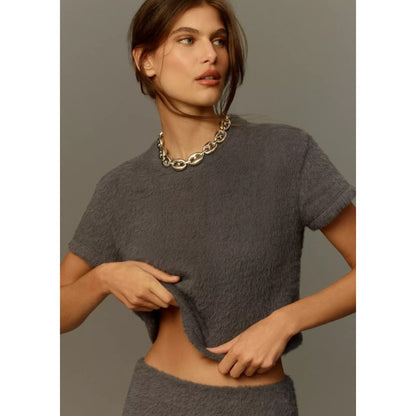 by Anthropologie Gray Fuzzy Short Sleeve Cozy Baby Tee Womens Large