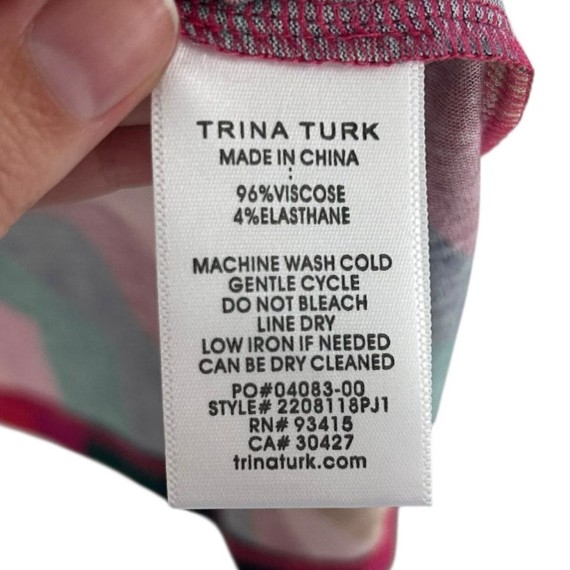 NWT Trina Turk Multi Scallop Print Long Sleeve Mock Neck Pierce Top Womens Small