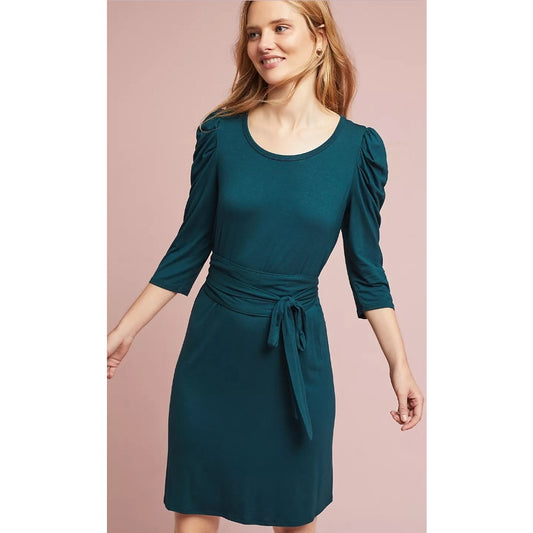 NWT Anthropologie Maeve Ceres Ruched Tie Waist Dress Dark Holly Green Size XS