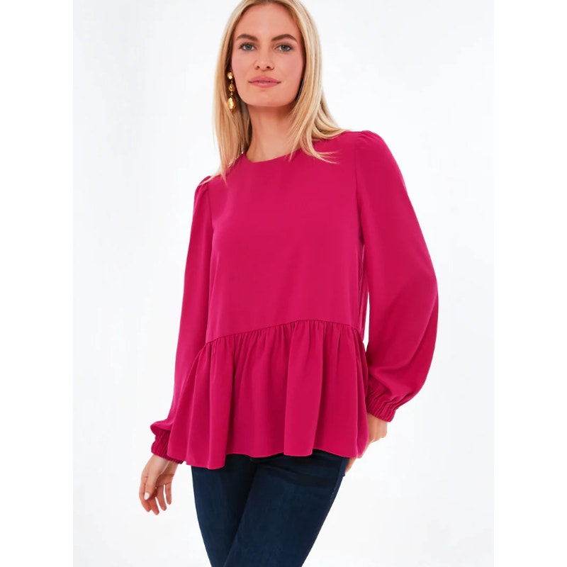 Pomander Place Fuchsia Pink Carlota Long Sleeve Peplum Blouse Womens Size XL