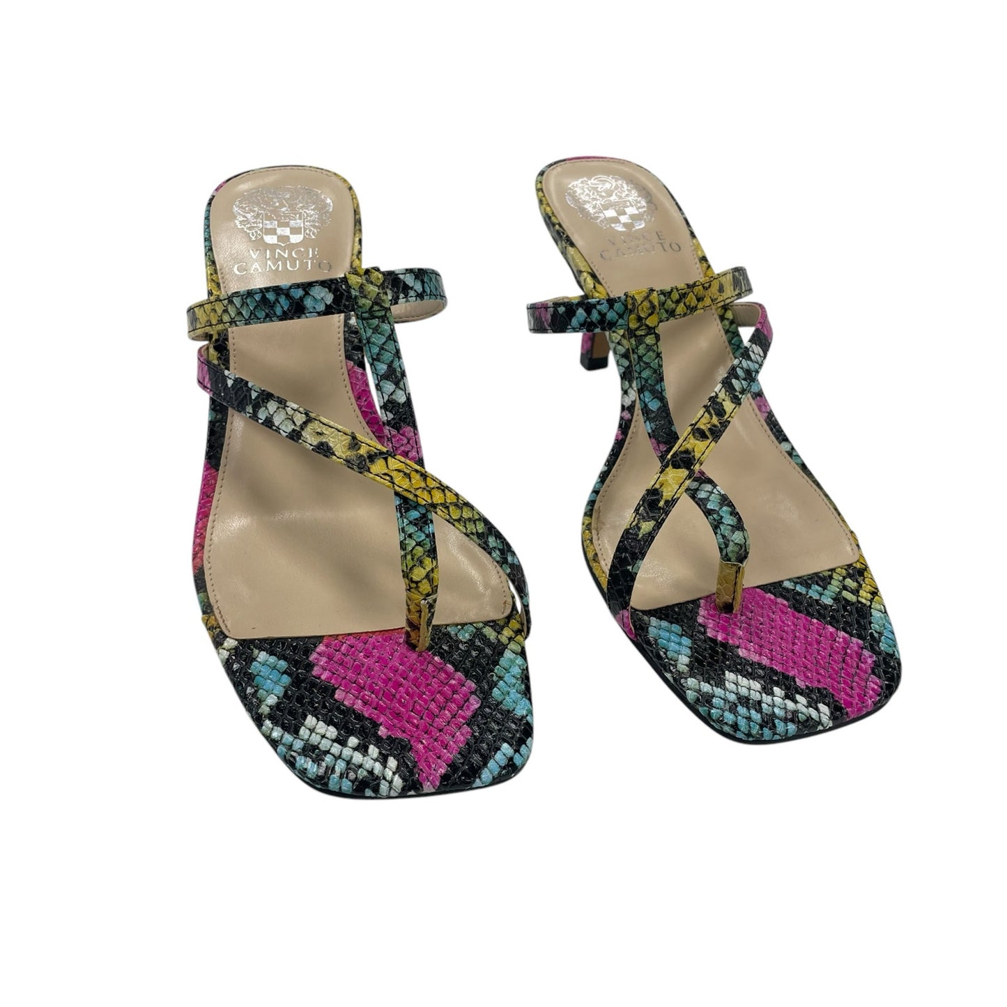 Vince Camuto Soraja Multicolor Square Toe Snakeskin Heeled Strappy Sandal Size 9