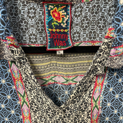 Johnny Was Blue Multicolor Floral Geometric Print Longline Shirt Womens Large