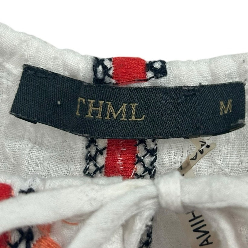 THML White Red Boho Embroidered Sleeveless Front Tie Mini Dress Womens Medium