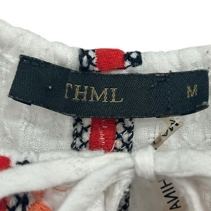 THML White Red Boho Embroidered Sleeveless Front Tie Mini Dress Womens Medium