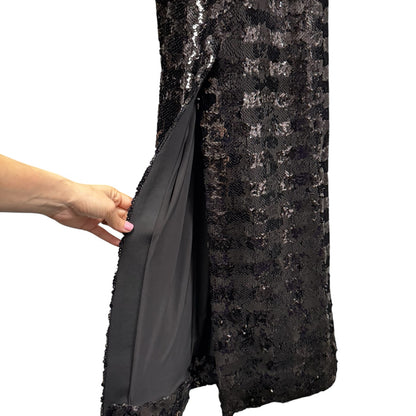 NWT Balmain Black Sequin Gold Button High Collar Fitted Long Maxi Dress Women 36