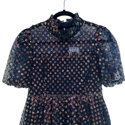 NWT Queen of Sparkles Navy Sequin Flower Short Sleeve Mini Dress Womens Small