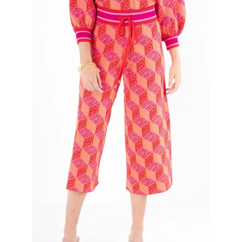 NWT Emily McCarthy Orange Pink Block Monogram Teddy Crop Trouser Womens XS