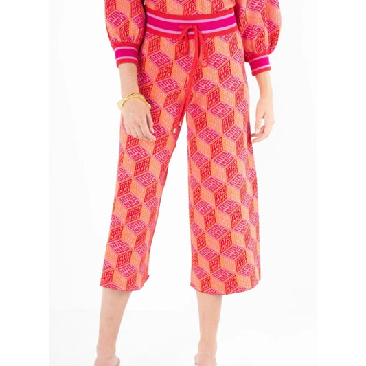 NWT Emily McCarthy Orange Pink Block Monogram Teddy Crop Trouser Womens XS