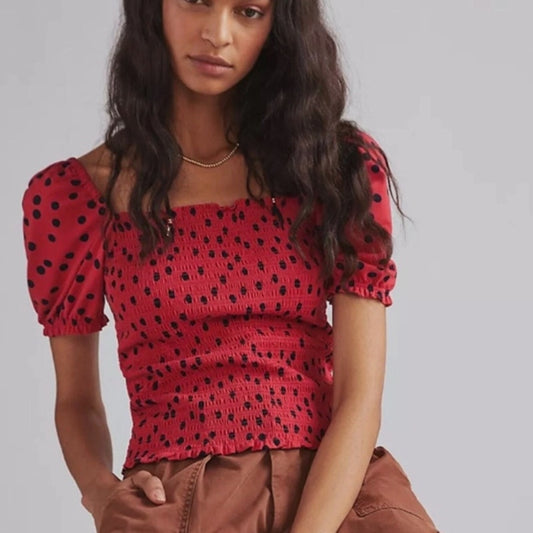 Dolan Anthropologie Red Black Polka Dot Smocked Puff Sleeve Top Womens Large