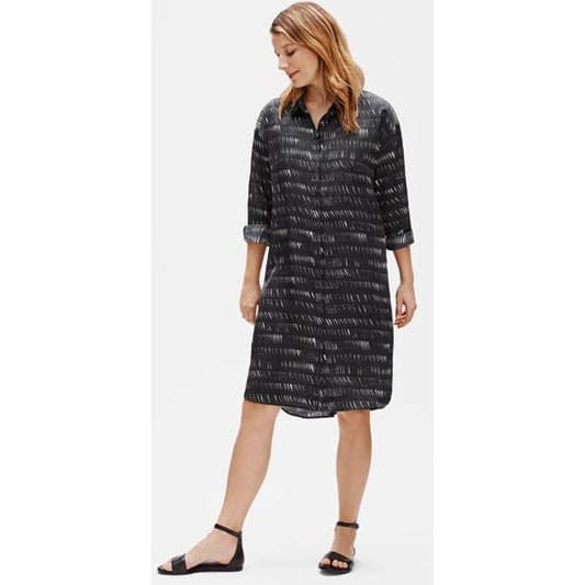 Eileen Fisher Silk Organic Cotton Dash Shirtdress Boxy Fit Black Womens Medium