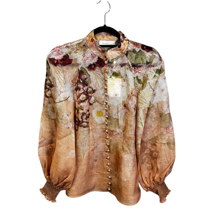 NWT Zimmermann Blush Dancer Floral Long Sleeve Silk Linen Blouse Womens 1 / US 6