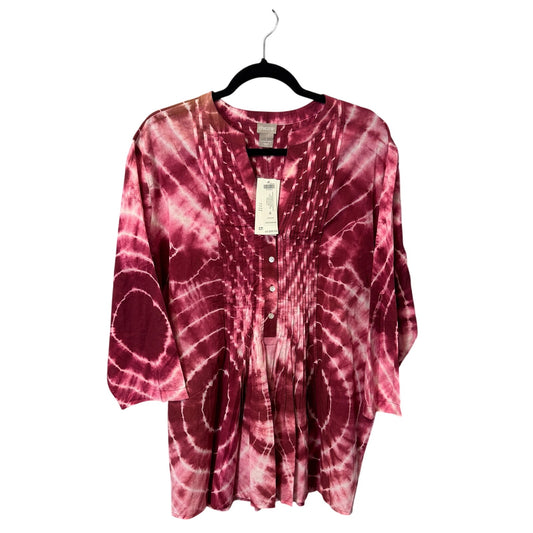 NWT Chico’s Deep Cherry Tie Dye Peasant Sleeve Pintuck Cotton Blouse Womens 20
