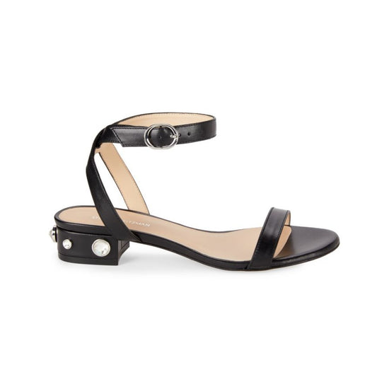 Stuart Weitzman Black Dancer Allshine Embellished Leather Flat Sandals Womens 7B