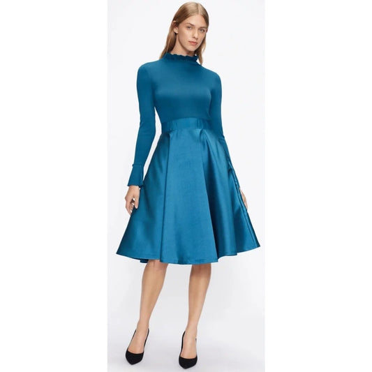 Ted Baker Fit & Flare Knit Satin Full Skirt Zadi Dress Teal Blue Size 1 / US 4