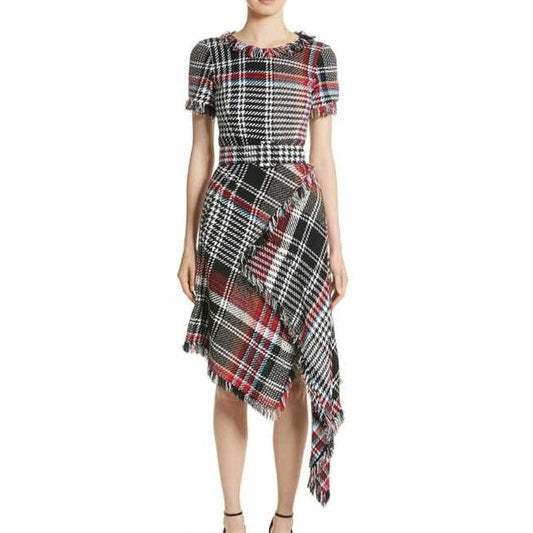 Oscar de la Renta Black Red Renta Plaid Asymmetrical Belted Tweed Dress Womens 6