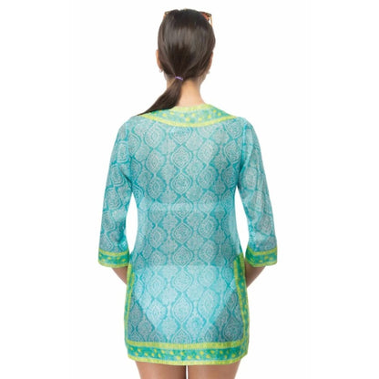 Gretchen Scott Turquoise Lime 3/4 Sleeve Easy Breezy Silk Tunic Womens Large