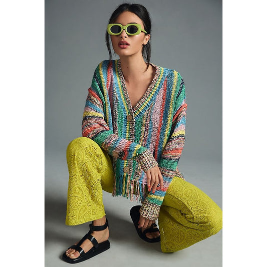 Pilcro Multicolor Button Front Fringed Cropped Cardigan Sweater Womens Small