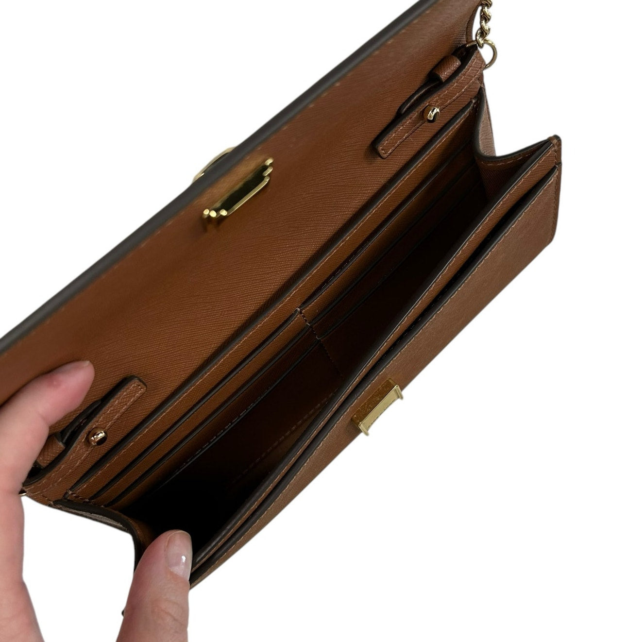 Tory Burch Brown Leather Gold Chain Fold Over Card Slot Crossbody / Clutch