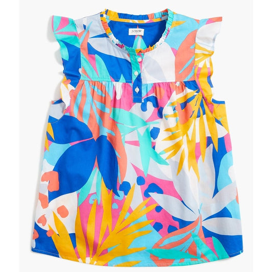 J. Crew Sleeveless Printed Ruffle Top Island Turquoise Neon Floral Print Small