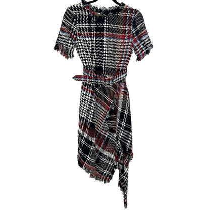 Oscar de la Renta Black Red Renta Plaid Asymmetrical Belted Tweed Dress Womens 6