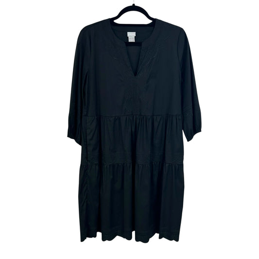 Chico’s Black Split Neck Embroidered 3/4 Sleeve Cotton Blend Dress Womens US 4/6