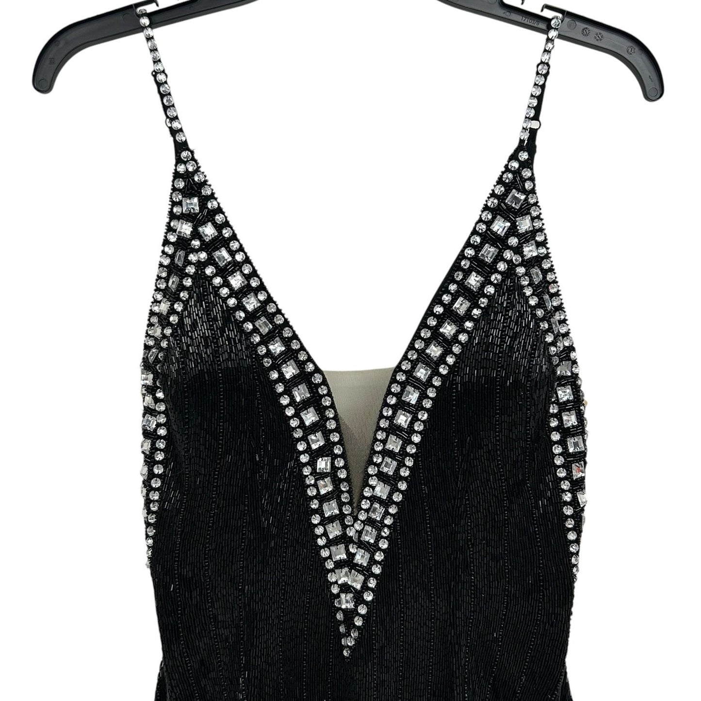 Aleta 738 Black Rhinestone Beaded Plunge Neckline Evening Mini Dress Womens 6