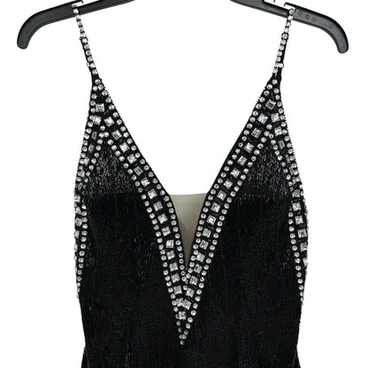 Aleta 738 Black Rhinestone Beaded Plunge Neckline Evening Mini Dress Womens 6