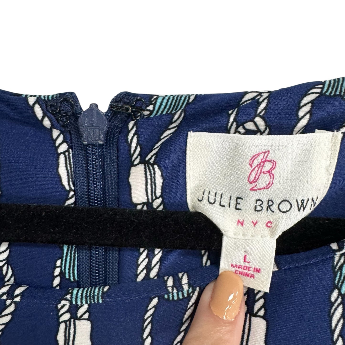 Julie Brown Navy White 3/4 Sleeve Merrie Printed Shift Dress Womens Large