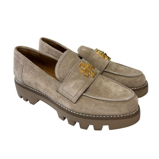 Tory Burch Avola Tan Suede Leather Gold Logo Everly Chunky Loafers Womens 6