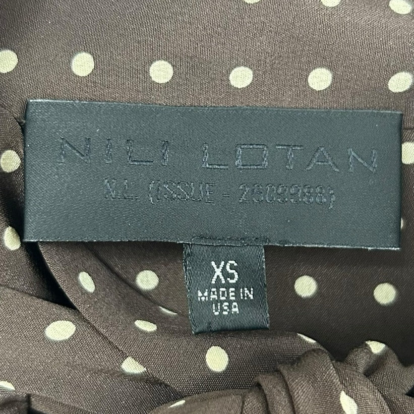 Nili Lotan Brown Cream Carina Polka-Dot 100% Silk Top with Tie Neck Womens XS