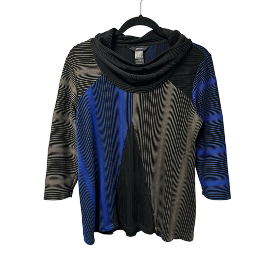 Ali Miles Black Blue 3/4 Sleeve Textured Cowl Neck Top Womens Petite Medium